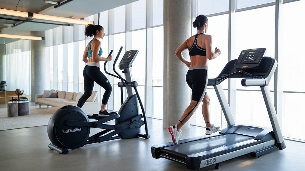 A high-quality Life Fitness treadmill and elliptical in a modern home gym setup